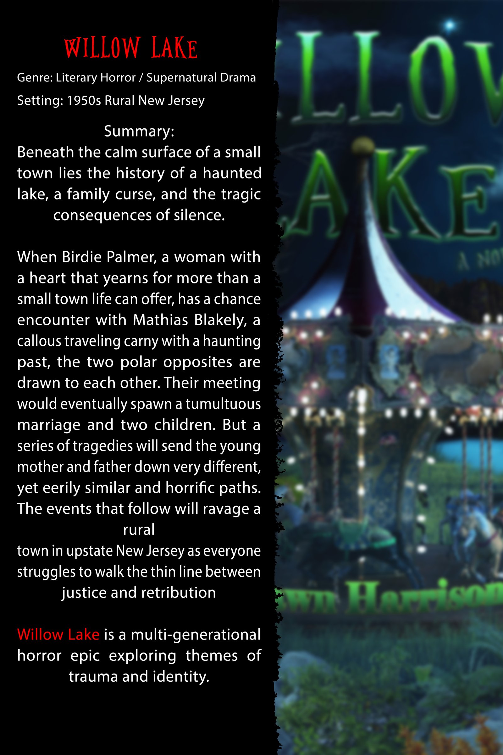 Promotional one-sheet for Willow Lake with synopsis artwork